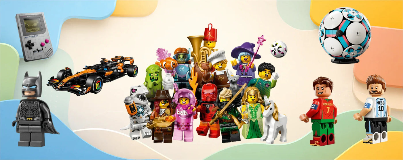 LEGO Minifigures, batman, soccer, F1 builds on a colourful background