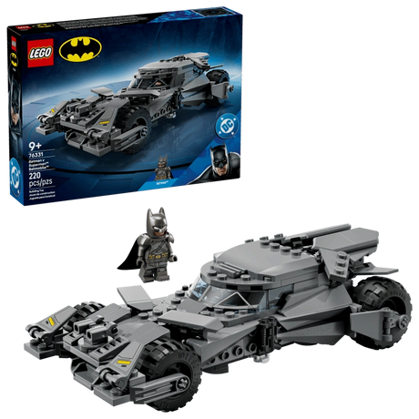 LEGO Batman Batman v Superman Batmobile 76331 set showing grey Batmobile model with Batman minifigure and retail box