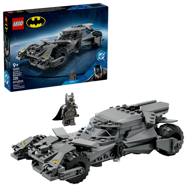 LEGO Batman Batman v Superman Batmobile 76331 set showing grey Batmobile model with Batman minifigure and retail box