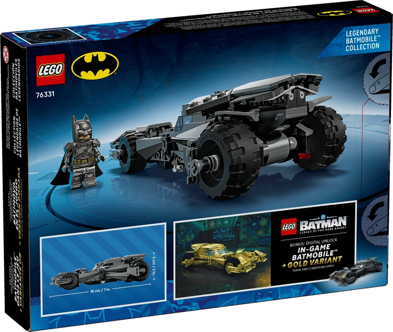 LEGO Batman Batman v Superman Batmobile 76331 box back showing rear view of vehicle, dimensions graphic and bonus digital unlock artwork