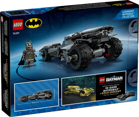 LEGO Batman Batman v Superman Batmobile 76331 box back showing rear view of vehicle, dimensions graphic and bonus digital unlock artwork
