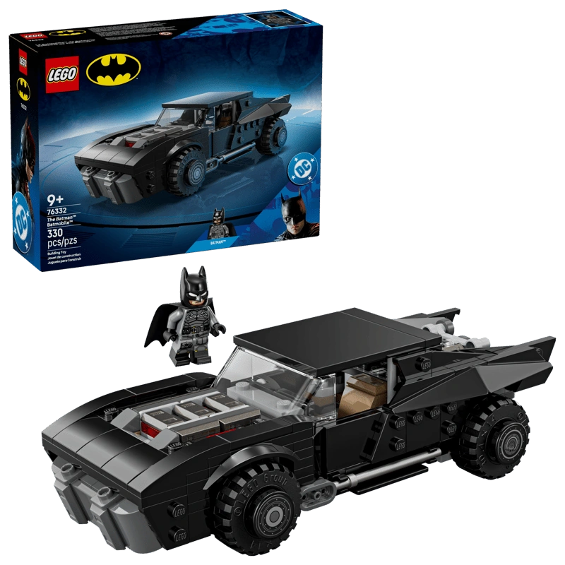 LEGO Batman The Batman Batmobile 76332 set showing black Batmobile model with Batman minifigure and retail box