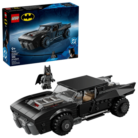 LEGO Batman The Batman Batmobile 76332 set showing black Batmobile model with Batman minifigure and retail box