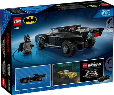 LEGO Batman The Batman Batmobile 76332 box back showing rear view of vehicle, dimensions graphic and bonus digital unlock artwork