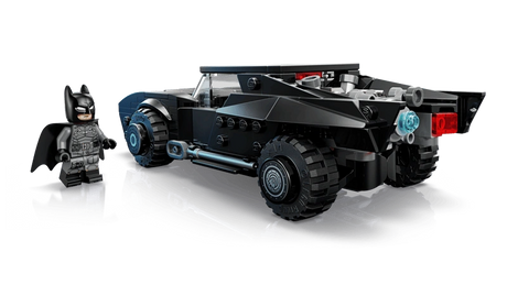 LEGO Batman The Batman Batmobile 76332 rear three quarter view showing wide rear tyres, exhaust detail and Batman minifigure