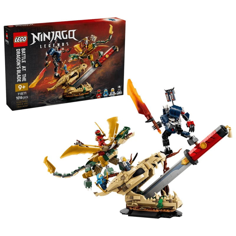 LEGO NINJAGO Battle at the Dragon's Blade box beside the built dragon, mech and sword display model