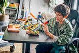 Child at a table with a LEGO NINJAGO dragon and mech display model