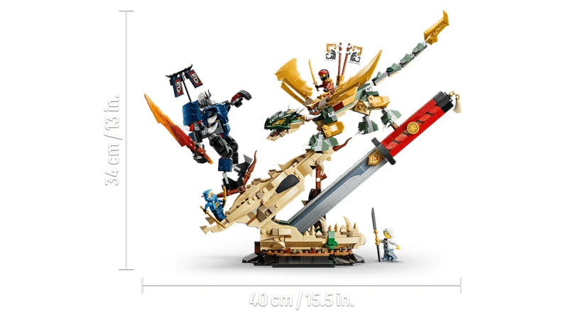 LEGO NINJAGO Battle at the Dragon's Blade model showing 40 cm width and 31 cm height dimensions
