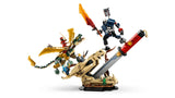 LEGO NINJAGO dragon and mech battle model on a dragon skull display base with a large sword