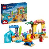 LEGO Beach Fun with Lilo & Stitch box shown with the completed beach set, figures, slide, rocket ride and shops