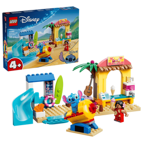 LEGO Beach Fun with Lilo & Stitch box shown with the completed beach set, figures, slide, rocket ride and shops