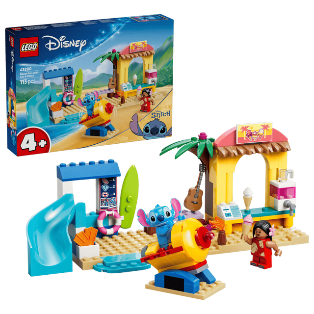 LEGO Beach Fun with Lilo & Stitch box shown with the completed beach set, figures, slide, rocket ride and shops