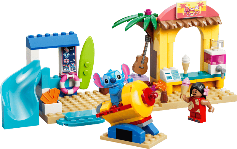 LEGO Beach Fun with Lilo & Stitch completed beach set with slide, rocket ride, surfboard, shops and figures