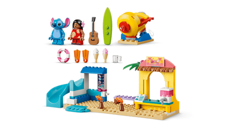 LEGO Beach Fun with Lilo & Stitch set with Lilo and Stitch figures, slide, rocket ride, surfboard, shops and beach accessories