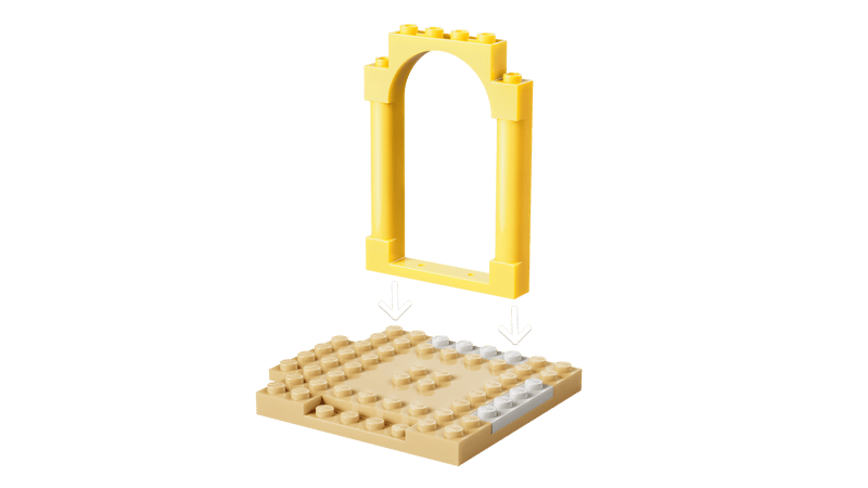 Yellow LEGO arch piece shown above a tan base with white arrows