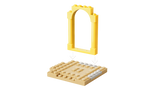 Yellow LEGO arch piece shown above a tan base with white arrows