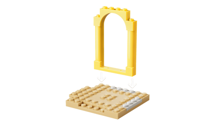 Yellow LEGO arch piece shown above a tan base with white arrows