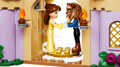 LEGO Belle and Beast figures standing inside the castle ballroom