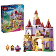 LEGO Belle & the Beast's Enchanted Castle box shown with the completed castle, Belle, Beast, Lumière and Cogsworth figures
