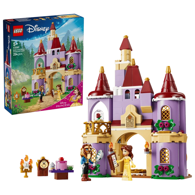 LEGO Belle & the Beast's Enchanted Castle box shown with the completed castle, Belle, Beast, Lumière and Cogsworth figures
