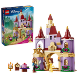 LEGO Belle & the Beast's Enchanted Castle box shown with the completed castle, Belle, Beast, Lumière and Cogsworth figures