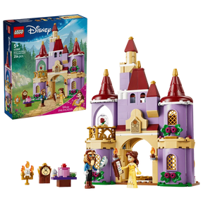 LEGO Belle & the Beast's Enchanted Castle box shown with the completed castle, Belle, Beast, Lumière and Cogsworth figures