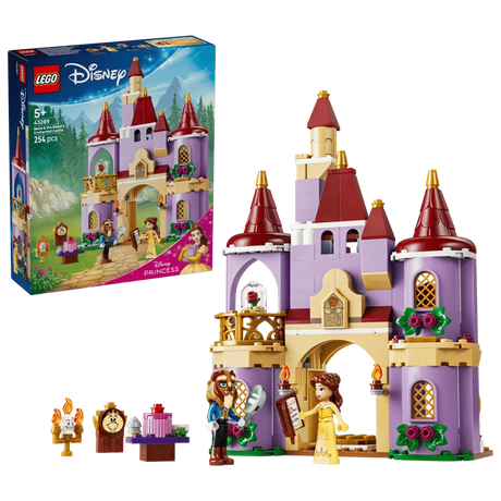 LEGO Belle & the Beast's Enchanted Castle box shown with the completed castle, Belle, Beast, Lumière and Cogsworth figures