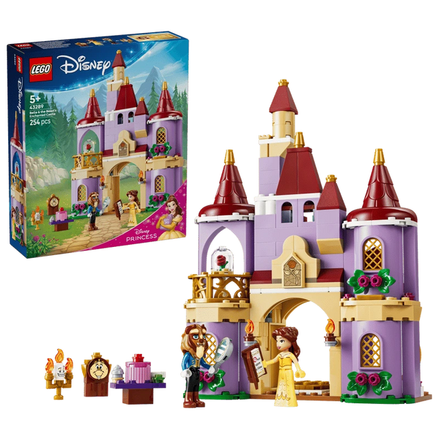 LEGO Belle & the Beast's Enchanted Castle box shown with the completed castle, Belle, Beast, Lumière and Cogsworth figures