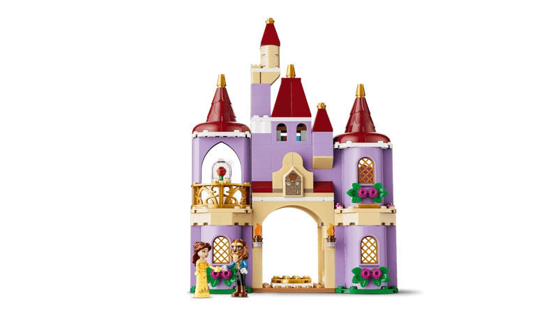 LEGO Belle & the Beast's Enchanted Castle exterior with purple towers and gold balcony