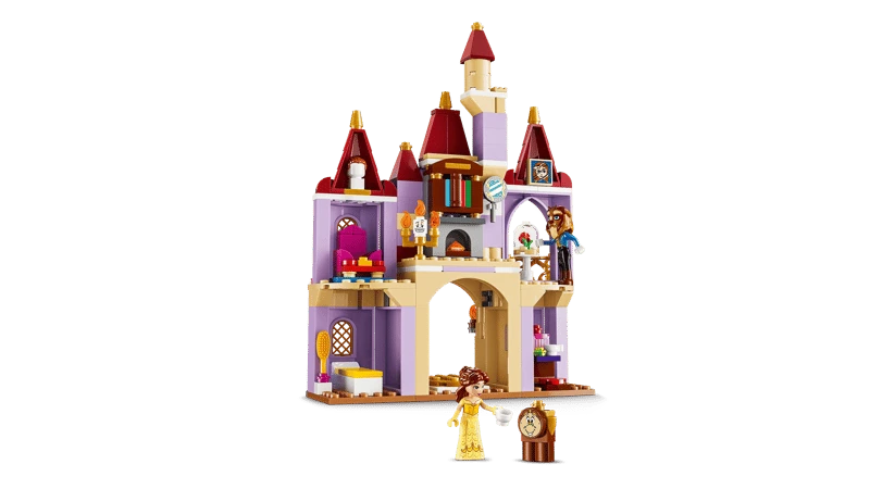 LEGO Belle & the Beast's Enchanted Castle interior with Belle and Beast figures beside castle rooms
