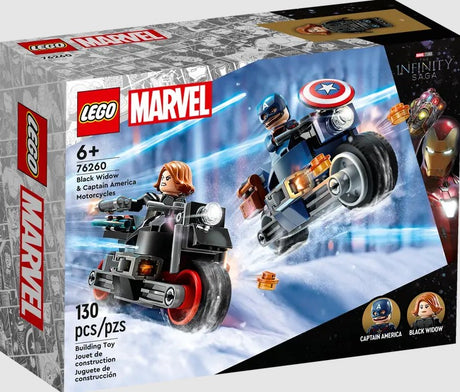 LEGO 76260 Marvel Black Widow & Captain America Motorcycles set box front view in Ireland