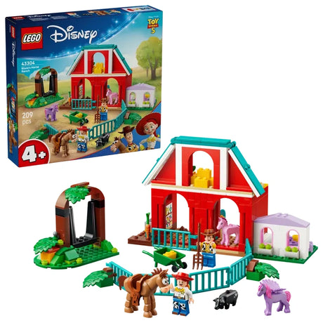 LEGO Blaze's Horse Ranch box beside the built ranch playset on a white background