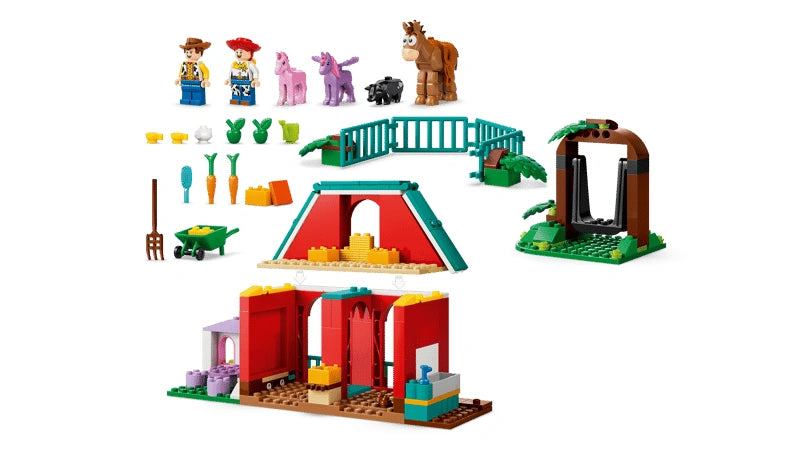 LEGO Blaze's Horse Ranch exploded view showing the barn sections, fence, tree swing, characters, animals and accessories on a white background