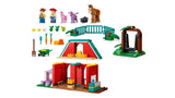 LEGO Blaze's Horse Ranch exploded view showing the barn sections, fence, tree swing, characters, animals and accessories on a white background
