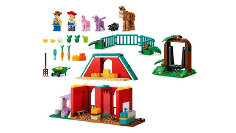 LEGO Blaze's Horse Ranch exploded view showing the barn sections, fence, tree swing, characters, animals and accessories on a white background