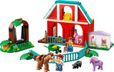 LEGO Blaze's Horse Ranch build with the barn, tree swing, fence, Woody, Jessie and animal figures on a white background