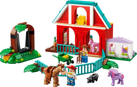 LEGO Blaze's Horse Ranch build with the barn, tree swing, fence, Woody, Jessie and animal figures on a white background