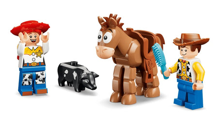Woody and Jessie beside Bullseye and the black pig figure on a white background