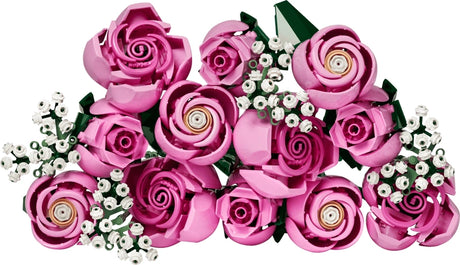 LEGO Botanicals Bouquet of Pink Roses arrangement showing multiple pink roses with layered petals and white baby’s breath flowers grouped together on green stems