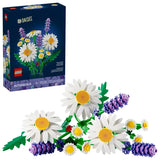 LEGO Botanicals Daisies bouquet with white daisies, lavender stems, green foliage, retail box visible, shown on a white background
