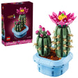 LEGO Botanicals Flowering Cactus box beside two cactus models in a light blue plant pot with a pink flower and pink buds