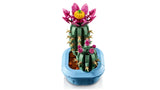 Front view of two LEGO cactus models in a light blue plant pot with a large pink flower on one cactus and pink buds on the other