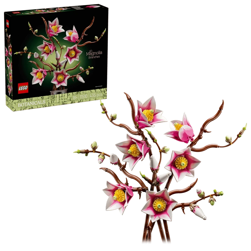 LEGO Botanicals Magnolia Branches 11510 retail box beside assembled display with pink and white magnolia blossoms on brown branches