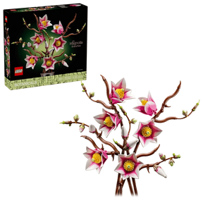LEGO Botanicals Magnolia Branches 11510 retail box beside assembled display with pink and white magnolia blossoms on brown branches