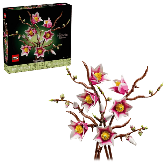 LEGO Botanicals Magnolia Branches 11510 retail box beside assembled display with pink and white magnolia blossoms on brown branches
