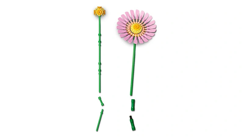 Individual LEGO flower stem components from the Petite Sunny Bouquet 10347 including a pink gerbera flower head and yellow flower head mounted on long green stems with connector pieces