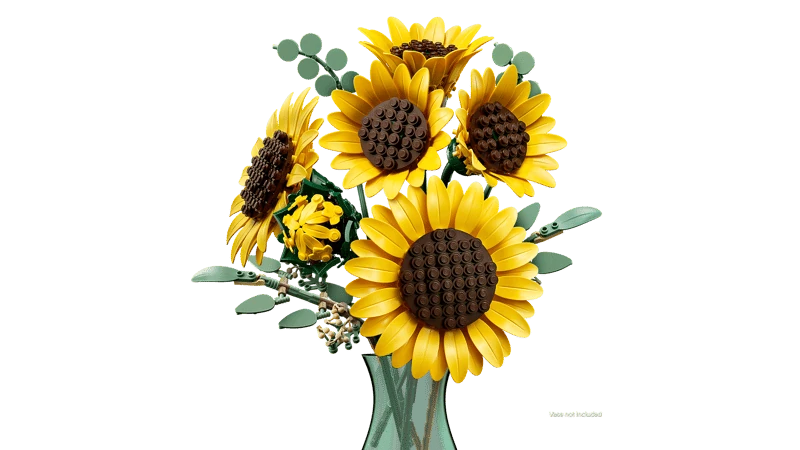 LEGO Botanicals Sunflower Bouquet 11502 arranged in green vase showing fully opened blooms, budding sunflower and eucalyptus stems