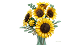 LEGO Botanicals Sunflower Bouquet 11502 arranged in green vase showing fully opened blooms, budding sunflower and eucalyptus stems