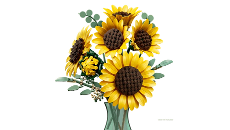 LEGO Botanicals Sunflower Bouquet 11502 arranged in green vase showing fully opened blooms, budding sunflower and eucalyptus stems