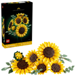 LEGO Botanicals Sunflower Bouquet 11502 retail box beside built bouquet with six yellow sunflowers and green eucalyptus stems